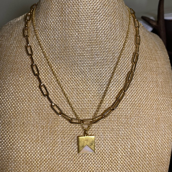 Madewell Palisade Gold Plated Brass Necklace Set, one with Inlaid Stone Pendant. - Picture 4 of 6